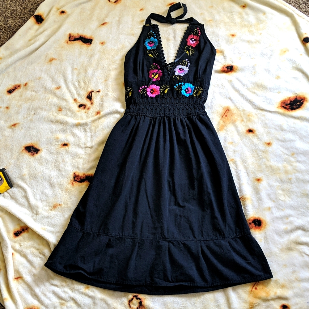 Handmade Black Dress with Embroidered Flowers, size Medium
